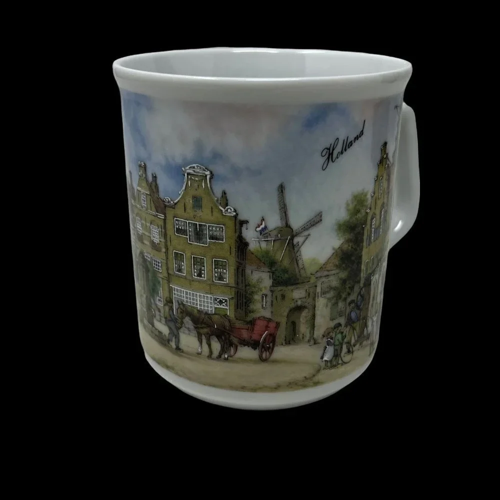 JCY Hunnik Coffee Mug‎ Holland Village Windmill Scene Hand Decorated Vintage Cup